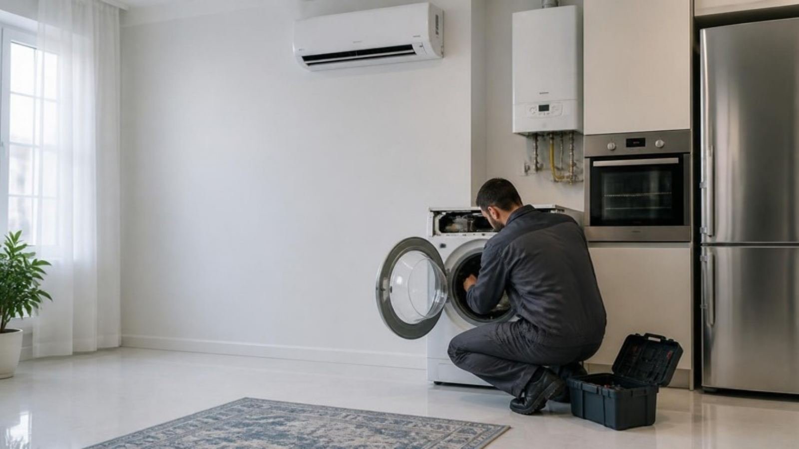 Evde çamaşır makinesini onaran teknisyen; arkada klima, kombi, fırın ve buzdolabı